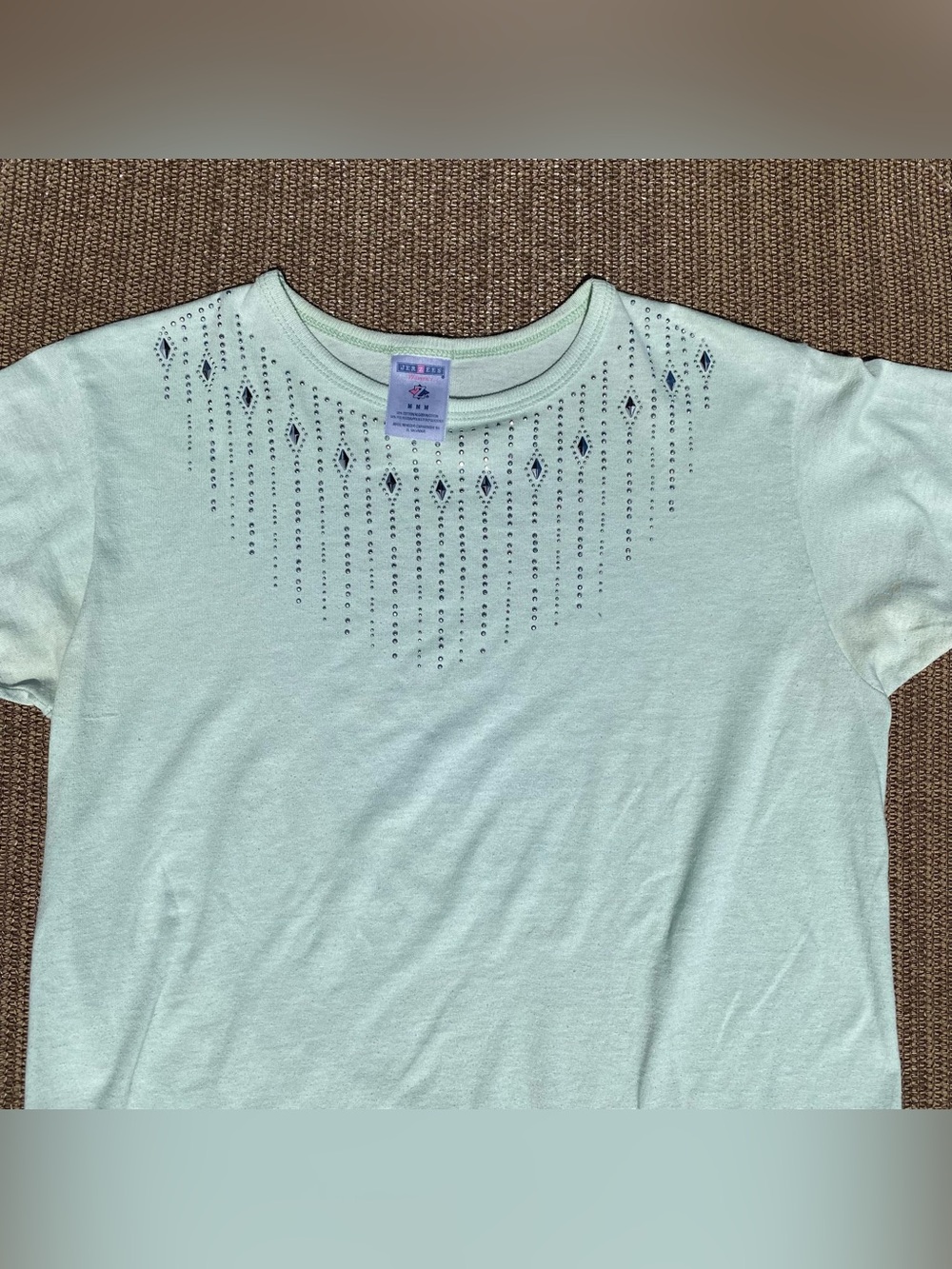 Vintage Y2K Pastel Mint Green Gem Rhinestone Embellished Tee M